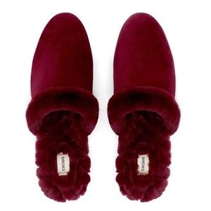 NIB Birdies Songbird Mule Suede Slippers + Faux Fur Trim in Merlot